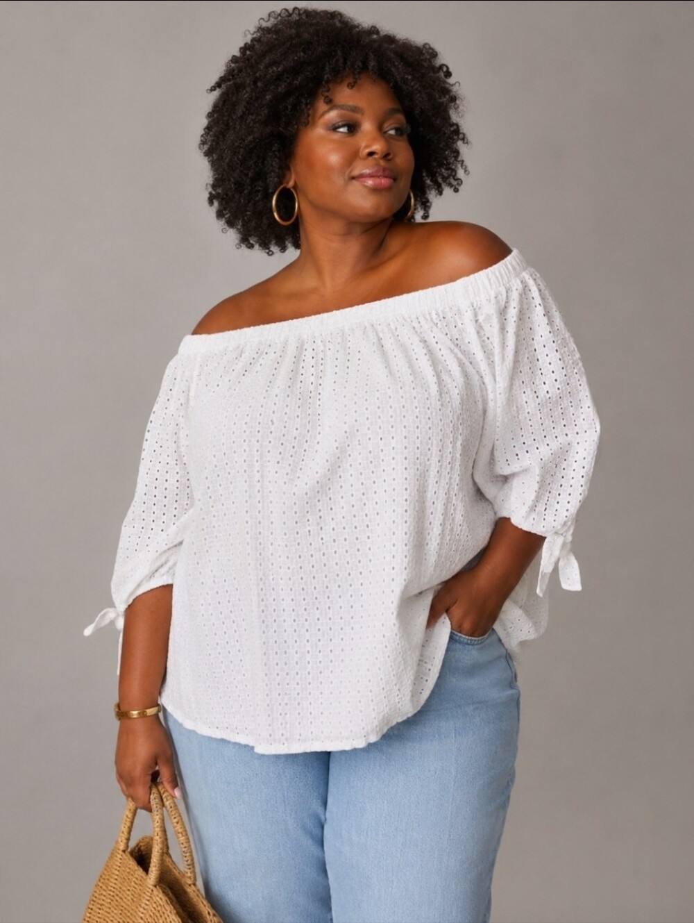 Jessica London Eyelet Off Shoulder Blouse Plus 22W White Boho Cotton NWT